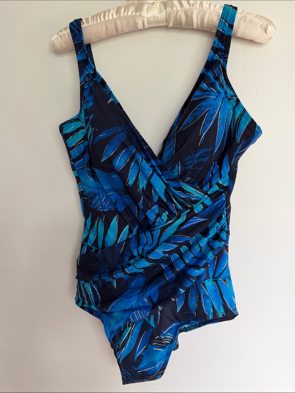 Miraclesuit Royal Blue One-Piece Tropical print leaves with gold frame